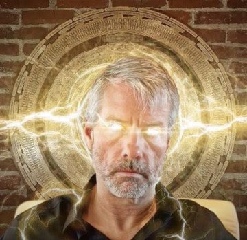 An older man with grey hair and beard with glowing yellow eyes emitting electricity, standing in front of a stone wall with a circular carved pattern behind him.