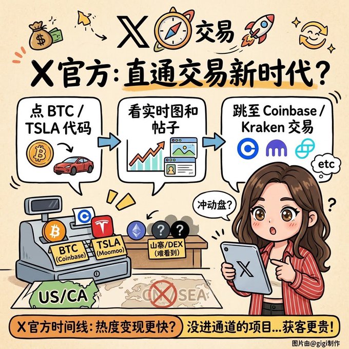 A Chinese-language illustration about X (Twitter) integrating financial trading features, showing a woman with a phone, a cash register with BTC/TSLA tickers, and text mentioning direct trading, real-time charts, and jumping to Coinbase/Kraken platforms.