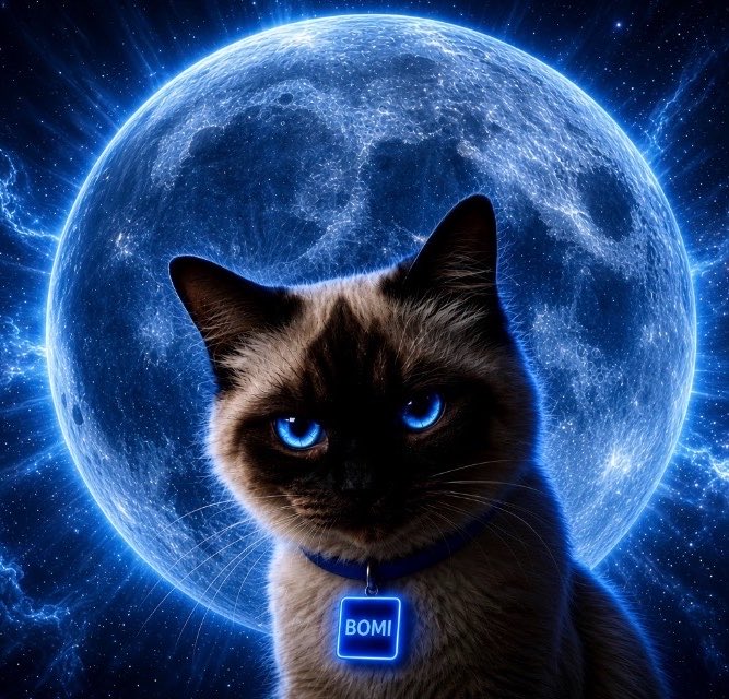 A digital artwork of a Siamese cat with striking blue eyes wearing a collar tag labeled 'BOMI', set against a large glowing blue moon in a cosmic space background.