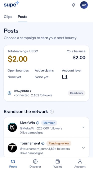 Mobile screenshot of the 'supe' app showing a Posts page with total earnings of $2.00 USDC, account level L1, and connected account @Avp86frFr with 2,162 followers.