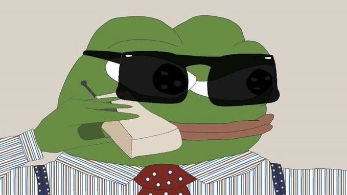 A Pepe the Frog meme character dressed in a striped shirt and red polka-dot tie, wearing black sunglasses while smoking a cigarette and holding a beige telephone.