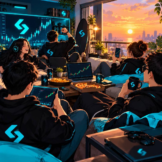 An anime-style illustration of a group of people in black hoodies with a blue logo gathered in a modern apartment, looking at screens and trading charts during a sunset over a city skyline.