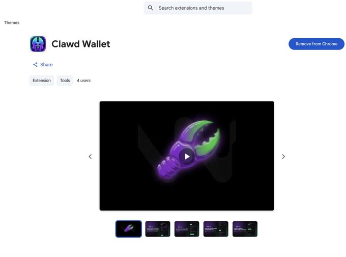 A Chrome Web Store page for “Clawd Wallet” shows the extension preview, buttons labeled “Extension,” “Tools,” and “4 users,” plus a “Remove from Chrome” button.
