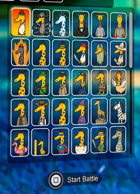 A character selection screen displaying 30 unique giraffe avatars in various costumes and styles arranged in a grid, with the top-left giraffe highlighted in orange. The "Start Battle" button at the bottom invites players to "Pick yours and join the herd," as referenced in the post linking to a salvor.io collection.