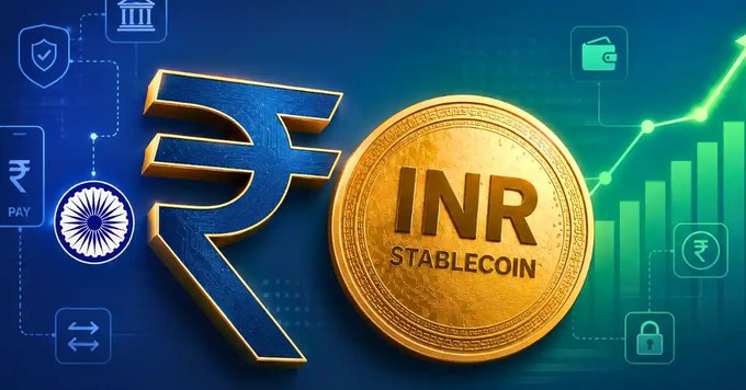 The image shows a large blue Indian Rupee (₹) symbol next to a gold coin prominently labeled "INR STABLECOIN," surrounded by financial icons like charts, wallets, and security symbols. It visually represents the growing premium and demand for INR-backed stablecoins in India, complementing the post's discussion of USDT's rising 8.5% premium over the official USD/INR exchange rate.