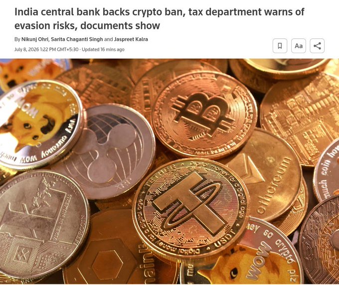 A Reuters article headline reads 'India central bank backs crypto ban, tax department warns of evasion risks, documents show' by Nikunj Ohri, Sarita Chaganti Singh and Jaspree Kalra, dated July 8, 2026, over an image of various cryptocurrency coins including Dogecoin, Monero, and Tether.