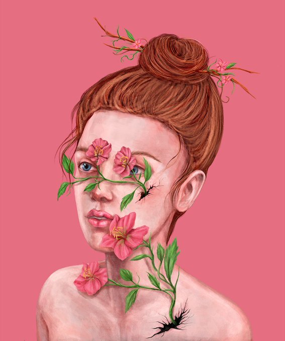 A surreal artistic illustration of a woman with a red hair bun against a pink background, featuring pink flowers and green vines growing from her face and neck.