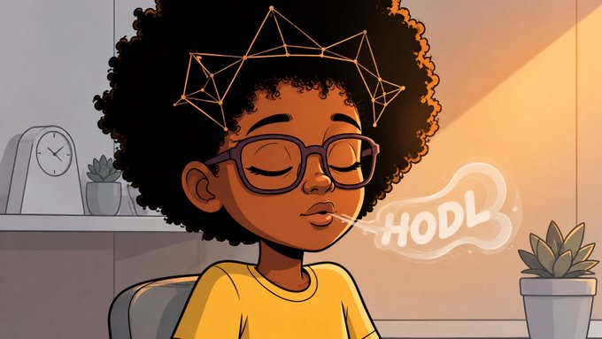 A cartoon illustration of a Black woman with an afro, glasses, and a geometric crown, blowing a puff of smoke shaped like the word 'HODL' (a cryptocurrency slang term).