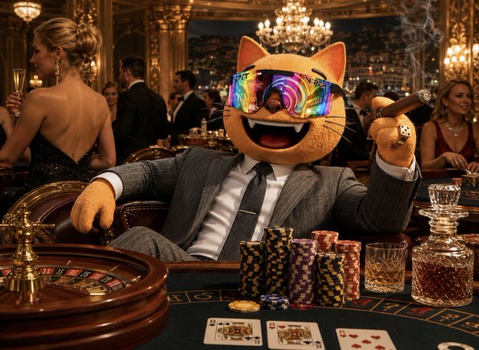 An AI-generated image shows a cartoonish cat wearing reflective sunglasses and a sharp grey suit, smoking a cigar at a casino blackjack table stacked with chips.