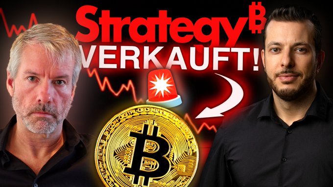 The image features two men, one wearing a black shirt and the other wearing a white shirt, standing next to each other with their backs facing the camera. The background of the image has a red line that says "Strategy! Bitcoin!" written in bold letters above them. There is also a gold coin labeled "bitcoin" placed on top of the image.