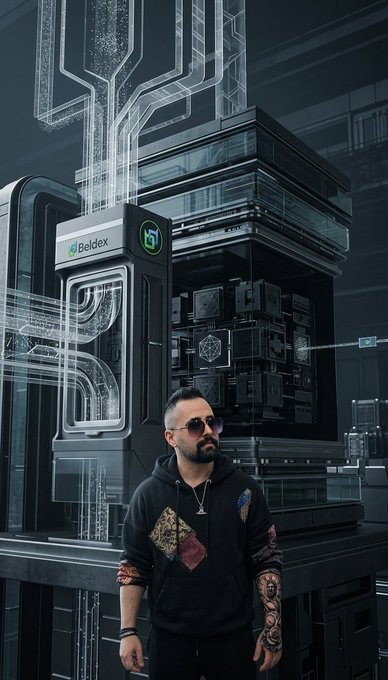 A man wearing sunglasses and a graphic hoodie standing in front of a futuristic cyberpunk-style data center display labeled 'Beldex'.