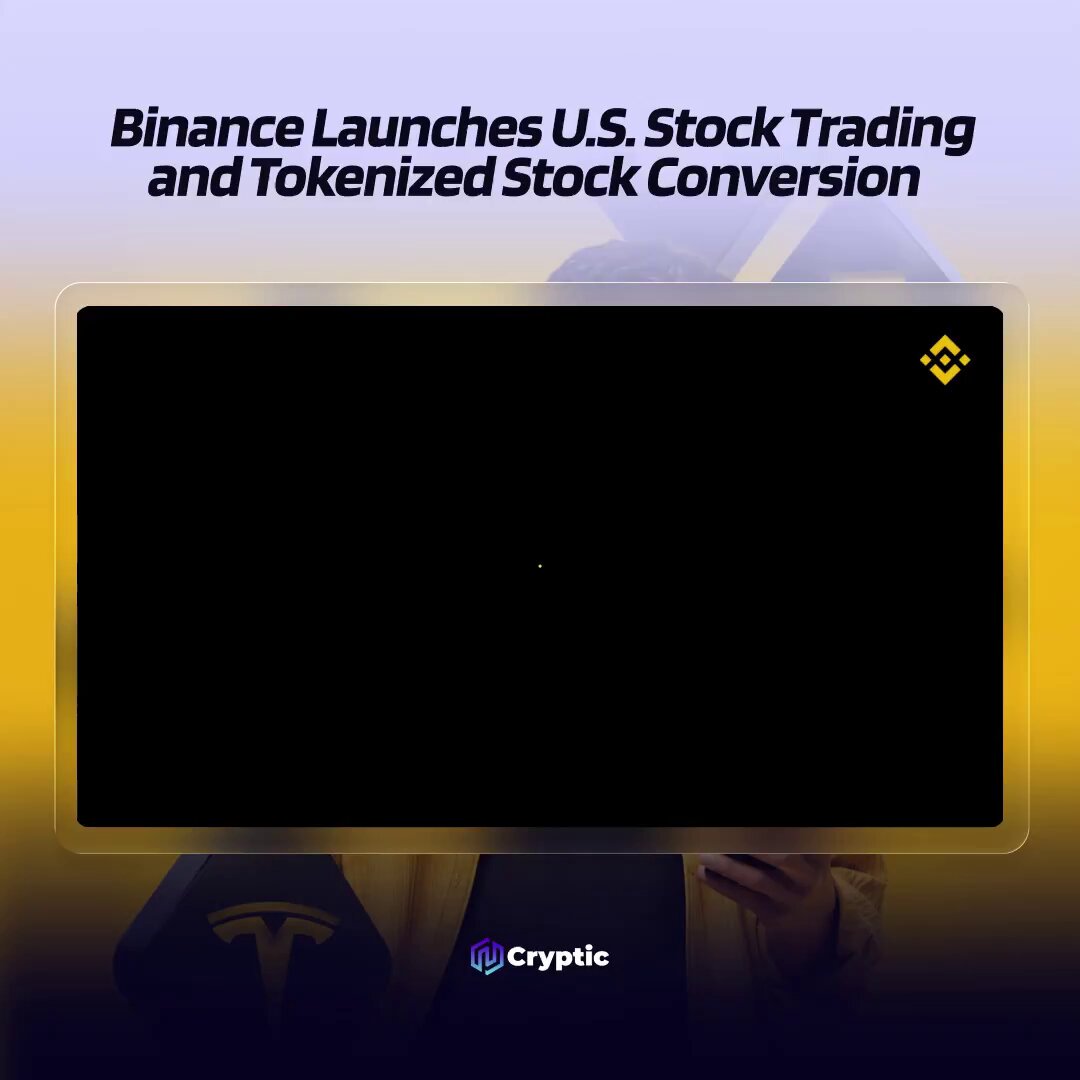 The image features a person holding a cell phone with a screen displaying a website called "cryptic". The caption below the image reads, "HUGE: @binance is bringing access to more than 7,000 U.S. stocks and ETFs to non U.S. users as part of its push to become a multi asset financial platform." This suggests that the person might be interested in cryptocurrency or stock trading, given the presence of the website on their phone screen.