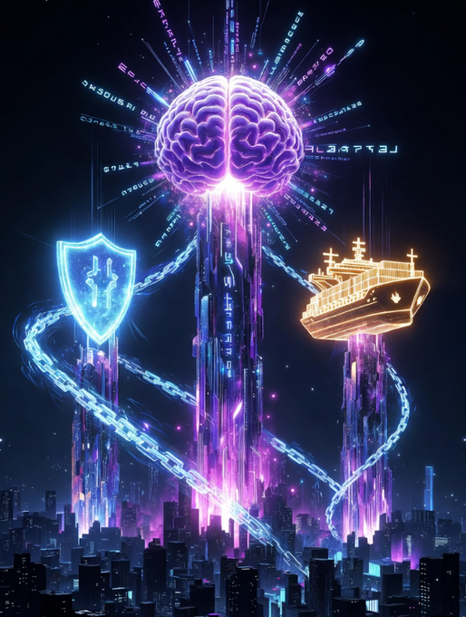 A glowing neon brain hovers above a futuristic cyberpunk cityscape, flanked by a blue shield emblem and an orange ship icon, with chains binding their towers beneath streams of code—symbolizing how Web3's true value emerges when intelligence and innovation are secured and delivered to address real-world problems rather than mere speculation.