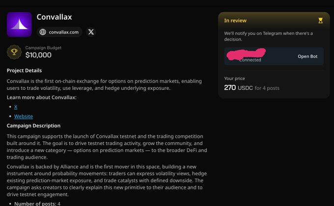 The image is a screenshot of an app screen called "Convallax". The screen features information about the app, including details about its purpose, launch, and partnership with Telegram. It also displays a list of posts from the app's users who have posted on Telegram about the app. The post asks for users to rate the app based on their experience, and it mentions that the developers are actively working on improving the app by connecting it to market trends. The main focus of the image is related to this specific post and its relationship with the post about the app's launch price and features.