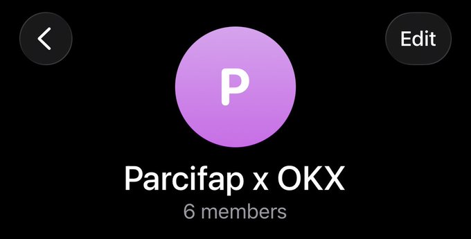 The image shows a group chat titled "Parcifap x OKX" with 6 members, displayed with a purple "P" avatar. It appears to be a private group related to a partnership between creator "Parcifap" and crypto exchange OKX, possibly where the creator is coordinating with potential candidates for an OKX creator program as mentioned in the post.