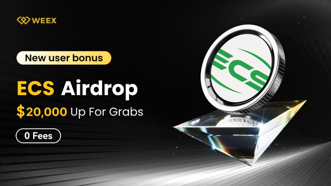 Promotional banner for a WEEX exchange airdrop offering a $20,000 prize pool in ECS tokens with zero fees for new users, featuring a metallic coin graphic.