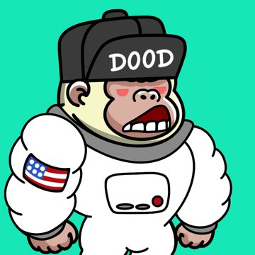 A cartoon monkey astronaut wearing a white spacesuit with an American flag patch and a black cap labeled "DOOD" grins against a bright green background. The space-themed imagery fits the post's "SPACE" reference, promoting the "Dood" character after "taking the serum," aligning with the playful MutantRillas branding.
