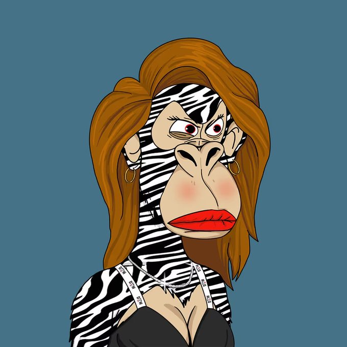 A cartoon illustration of a woman with auburn hair, wearing zebra-print clothing, a black top, hoop earrings, and bright red lipstick, set against a gray-blue background.