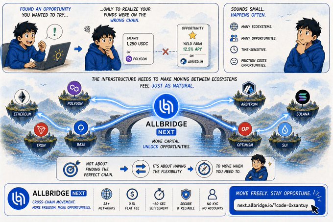 Comic-style promotional graphic for ALLBRIDGE NEXT showing cross-chain bridge infrastructure connecting Ethereum, Tron, Polygon, Base, Arbitrum, Optimism, Solana, and Sui ecosystems.