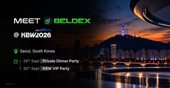 An event banner reading 'MEET BELDEX with UPbit @ KBW2026' in Seoul, South Korea, advertising a 'Private Dinner Party' on 29th Sept and a 'KBW VIP Party' on 30th Sept against a Seoul nightscape.