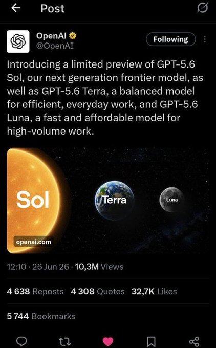 The image shows an OpenAI tweet announcing a limited preview of GPT-5.6, featuring three new models: "Sol" (depicted as the sun), "Terra" (Earth), and "Luna" (the moon), posted on June 26 with 10.3M views and 32.7K likes. The connection to the "$LUNC" tag is likely a humorous wordplay, as "Luna" closely resembles "LUNC" (Terra Luna Classic ticker), linking the model name to the cryptocurrency.