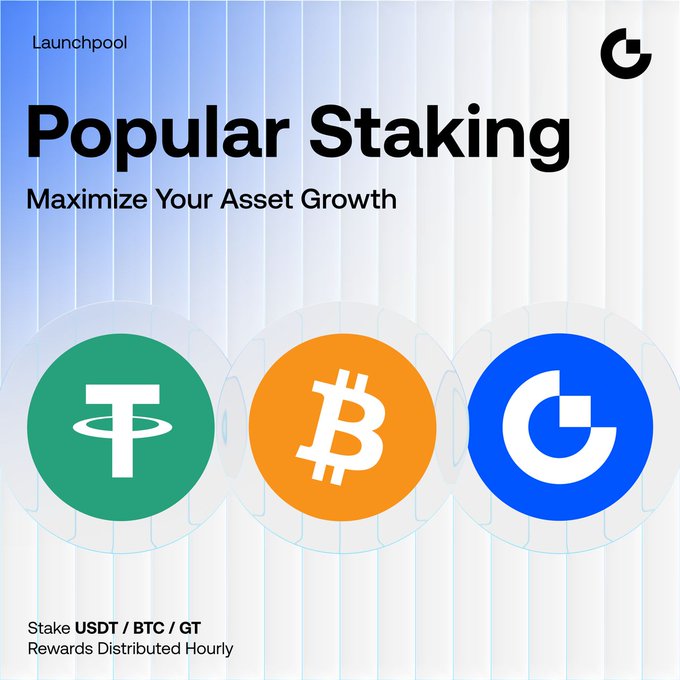 A promotional graphic for Gate.io's Launchpool titled "Popular Staking - Maximize Your Asset Growth" features three circular icons representing USDT, BTC, and GT, with text noting "Stake USDT / BTC / GT" and "Rewards Distributed Hourly," directly advertising the staking opportunities for the mentioned cryptocurrencies.