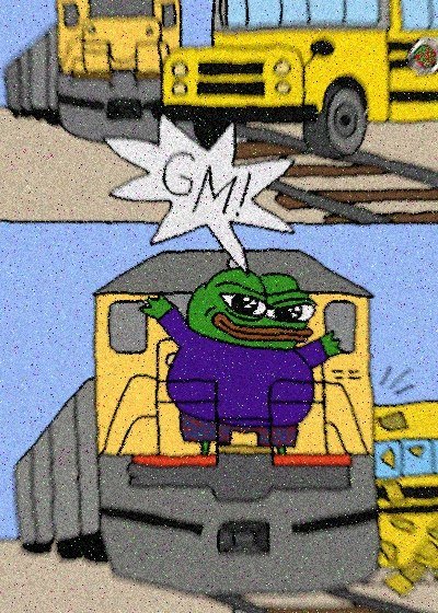 The image shows a Pepe the Frog meme dressed as a train conductor standing in the front of a yellow locomotive, with a speech bubble above reading "GM," visually playing on the internet slang "gm" (good morning). The two-panel comic sets up a train yard scene in the top panel before revealing Pepe piloting the train in the bottom panel, humorously personifying the "gm" greeting as a conductor ready to start the day.