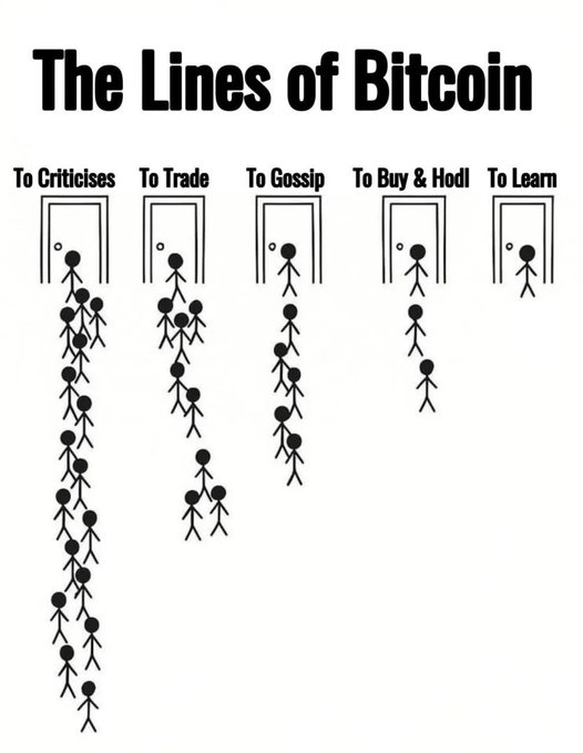 A comic titled 'The Lines of Bitcoin' showing stick figures lined up outside doors labeled 'To Criticises', 'To Trade', 'To Gossip', 'To Buy & Hodl', and 'To Learn', with the longest line at 'To Criticises'.
