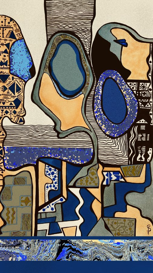 An abstract mixed-media artwork featuring geometric patterns, blue oval shapes, textured beige areas, and black sections with tribal-style designs.