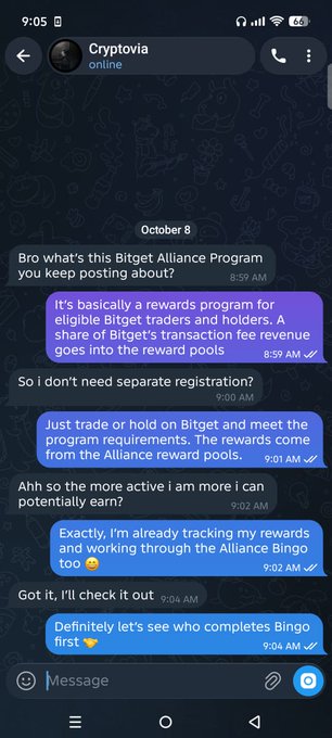 A chat conversation with 'Cryptovia' discusses the 'Bitget Alliance Program,' explaining it's for eligible traders and holders who share in transaction fee revenue, with rewards distributed from Alliance reward pools.