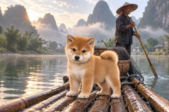 An AI-generated scene of an adorable Shiba Inu puppy on a bamboo raft with a boatman in a Chinese landscape of karst mountains.