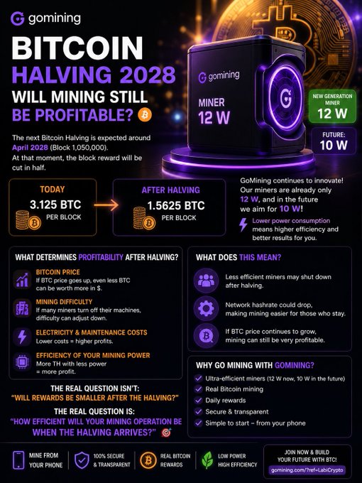 A promotional infographic from gomining titled 'BITCOIN HALVING 2028 - WILL MINING STILL BE PROFITABLE?', explaining the reduction of block rewards from 3.125 BTC to 1.5625 BTC and highlighting their 12 W miner.