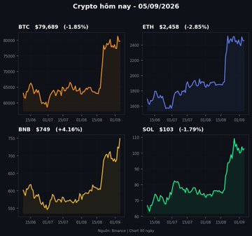 A cryptocurrency dashboard titled 'Crypto hôm nay - 05/09/2026' displays 3-month price charts for BTC ($79,689, -1.85%), ETH ($2,458, -2.85%), BNB ($749, +4.16%), and SOL ($103, -1.79%), sourced from Binance.