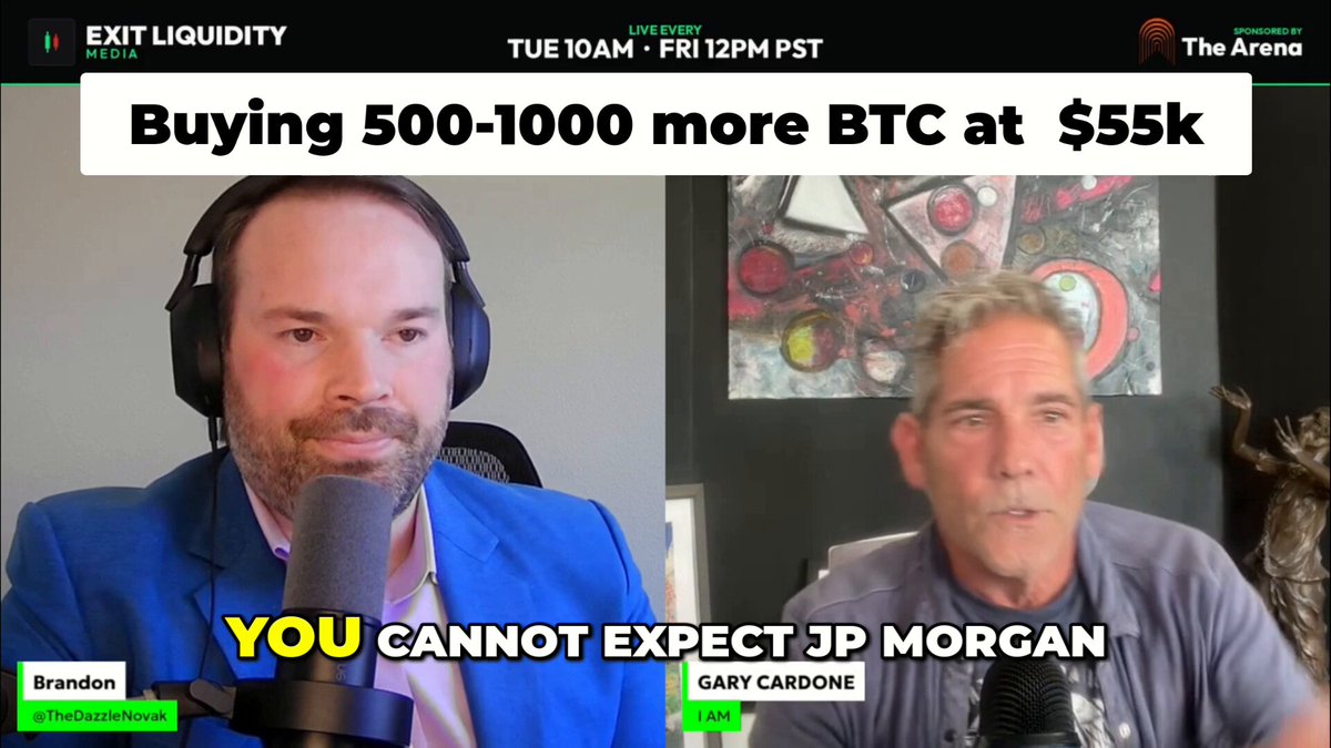 The image shows two men wearing headphones, with one man sitting behind a microphone while the other stands next to him. They appear to be engaged in an interview or discussion about cryptocurrency trading. The background of the image features a painting that includes a bear and a bird, adding artistic elements to the scene. There is also text on the image that reads "People mistake Gary' s bearishness currently for him not being a believer because they have seen a post or heard a small clip of what he said here and there." This message suggests that some people might misunderstand Gary's views about Bitcoin trading, as they may perceive his stance as negative.