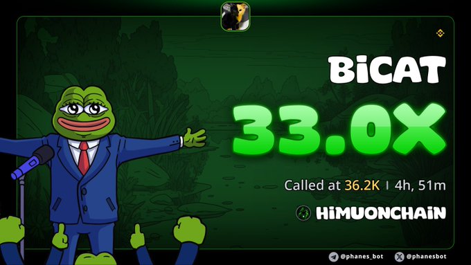 A meme graphic featuring the Pepe the Frog character in a blue suit at a podium, advertising 'BICAT' with a 33.0X multiplier called at 36.2K on HIMUONCHAIN, credited to @phanes.bot.