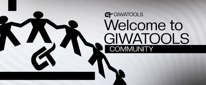 A black and white banner reading 'Welcome to GIWATOOLS COMMUNITY' featuring stylized silhouettes of figures holding hands and climbing.