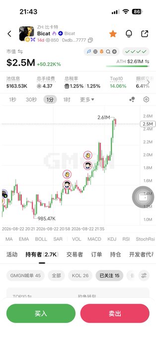 The image shows a cryptocurrency trading app screenshot featuring a meme coin called "Bicat" (with an early bird/cat mascot) showing a market cap of $2.5M with a +50.22% gain, and the post is humorously lamenting how someone held this cat-themed token only to get "rugged and liquidated," referencing the cartoon avatars displayed on the candlestick chart as fellow traders who likely shared the same fate.