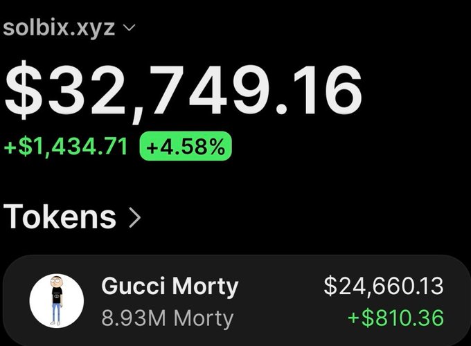 The image shows a wallet tracker for solbix.xyz displaying a portfolio balance of $32,749.16, up $1,434.71 (+4.58%), with the main holding being "Gucci Morty" valued at $24,660.13 with 8.93M Morty tokens. This screenshot illustrates the post's claim of turning $145 into over $28,000 in profit on $Morty, though the displayed portfolio (~$32.7K) exceeds the cited $24,700 figure, likely reflecting additional holdings beyond the featured token.