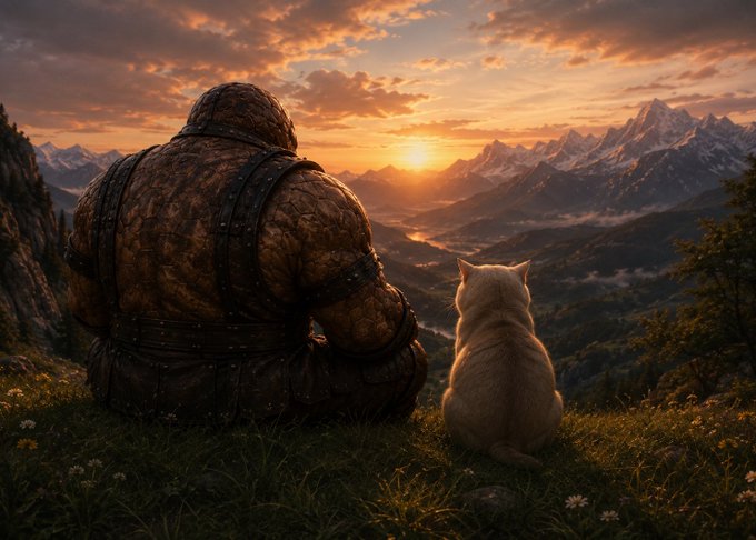 A massive stone-skinned titan and a cream-colored cat sit side by side on a grassy cliff, gazing out at a breathtaking sunset over snow-capped mountains, embodying the larger-than-life "cashcat juggernaut" partnership.