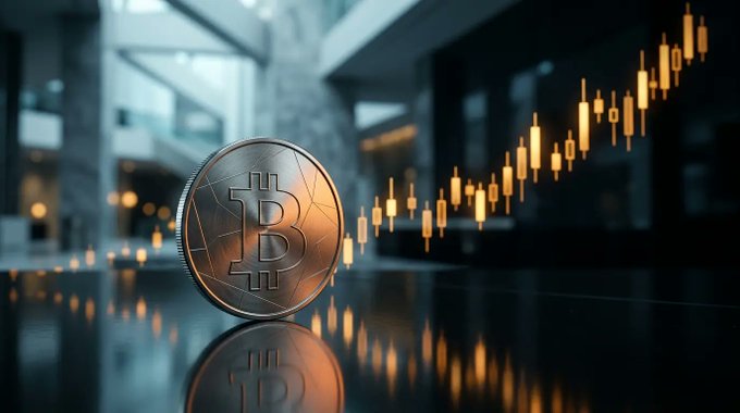 A golden Bitcoin coin stands upright on a reflective surface in a modern interior, with glowing candlestick charts rising in the background.