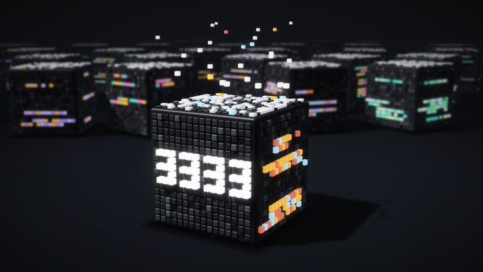 A 3D rendering of black cubes displaying white digital numbers like '3333' on their faces, with colorful pixelated details scattered across them and floating in a dark space.