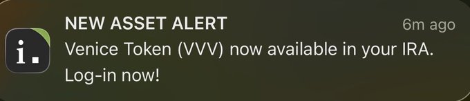 The image shows a screenshot of an email alerting someone that they have qualified for the new asset alert from Venice Trust Capital. It appears to be an invitation to add their IRA account into the asset alert, which provides new asset trading and investment opportunities without the risk associated with traditional stock markets. The email contains the text "@iTrustCapital", indicating it's a promotional message from iTrUSTCapital.