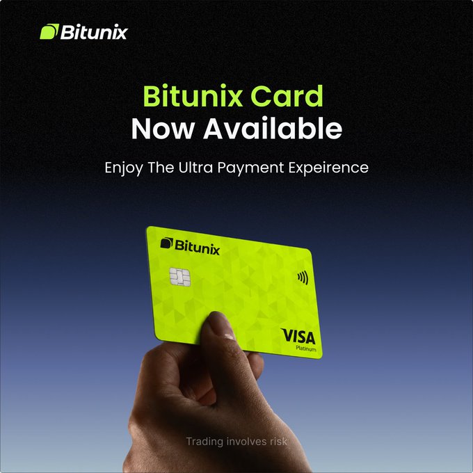 The promotional image for Bitunix announces "Bitunix Card Now Available" with the tagline "Enjoy The Ultra Payment Expeirence," featuring a hand holding a neon green Bitunix Visa Platinum card against a dark gradient background, reinforcing the post's message about launching a new crypto payment card for everyday use. The ad also includes a disclaimer noting "Trading involves risk."