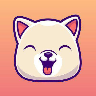 A cute cartoon Shiba Inu-style dog face with closed eyes, an open smiling mouth, and a purple outline appears as a mascot logo on an orange gradient background, accompanying a Chinese post promoting the KISHU (纪州犬币) cryptocurrency token with contract address and Telegram/QQ group details.