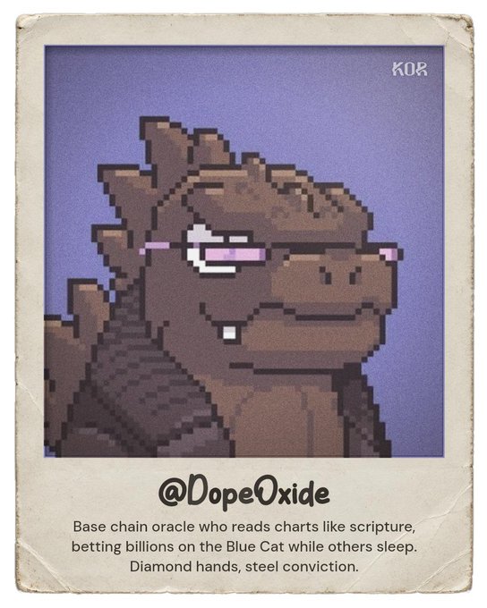 A pixel art trading card featuring a smug brown dinosaur character wearing pink-tinted glasses, labeled "KOR" in the corner and "@DopeOxide" below, with text describing him as a "Base chain oracle who reads charts like scripture, betting billions on the Blue Cat while others sleep. Diamond hands, steel conviction." The card serves as a playful KOR ID profile picture celebrating bullish Toshi enthusiasm while promoting Base blockchain onboarding.