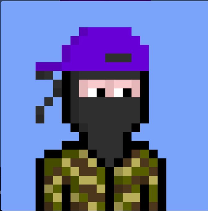 A pixel art character wearing a purple cap and a camouflage jacket with a black face covering appears against a blue background. The image complements the post's warning about NFT projects prioritizing alpha groups over genuine communities, using the illustrated figure as a visual representation of those who engage in sybil or bot-like behavior to secure whitelists, ultimately harming project longevity.