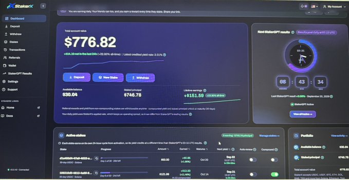 A dashboard screenshot for 'StakerX' showing a total account value of '$776.82', active stakes, and a countdown timer for a next StakeGPT round.