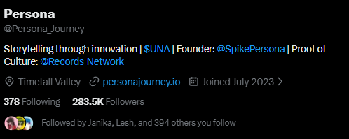 The image shows the X/Twitter profile of "Persona" (@Persona_Journey), a founder of $UNA with 283.5K followers. The profile features a "gold checkmark" (premium verification badge) displayed next to the name.

The post humorously contrasts the profile's gold checkmark against the frustration of projects downgrading from gold to blue verification—and eventually losing checkmarks altogether—by using the Persona account as an ironic example of a verified entity still enjoying that coveted gold status.