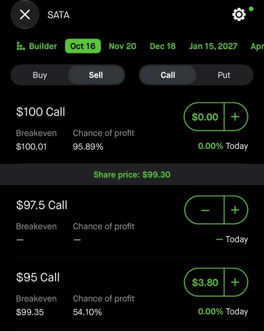 The image shows a options chain for $SATA with a share price of $99.30, displaying $100 Call, $97.5 Call, and $95 Call options for the Oct 16 expiration, illustrating the new $2.5 increment strikes mentioned in the post (e.g., the $97.5 strike sits between the standard $95 and $100 strikes).