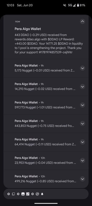 The image shows an Android phone screen displaying a list of transactions, including receiving Ether from various addresses such as "Perra Algo Wallet", "Perra Algo Wallet", and "Perra Algo Wallet". The text on the screen indicates that these transactions have been completed, with some rewards received. The post is titled "I love Algorand and it's family Big thanks to @Chris922447 for the crispy nuggets daily, and a big thanks also to @Its_Ha_Dost and @Donkey_DAO for rewards in LP."
